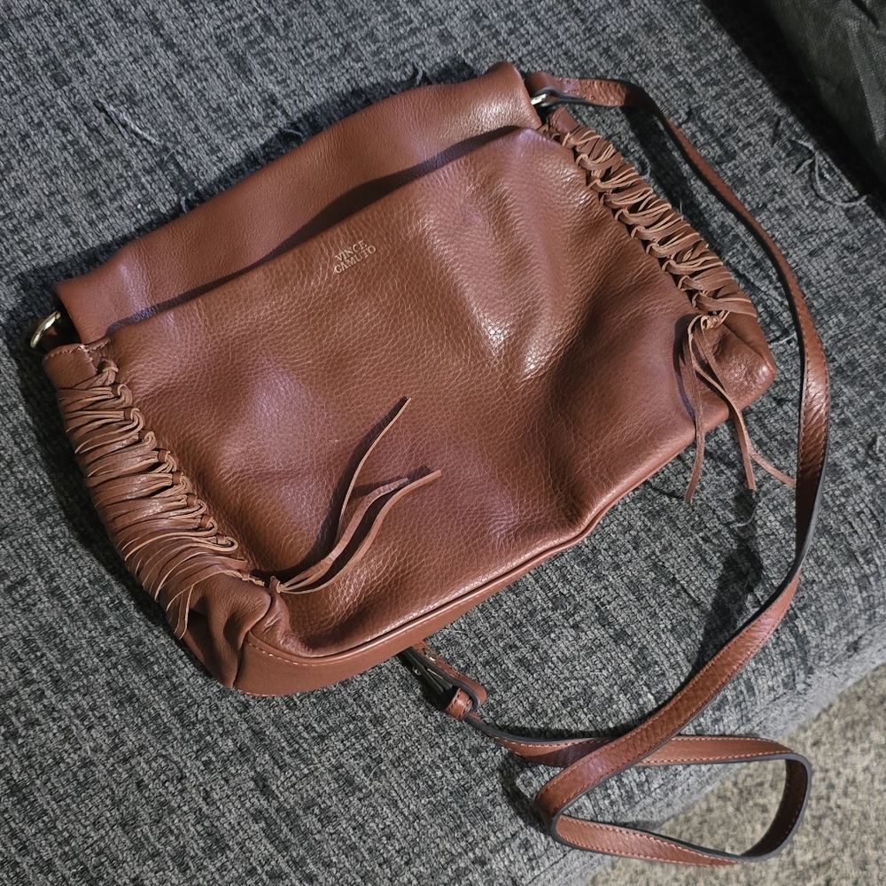 Vince Camuto Brown Leather Shoulder Bag with Ruched Detailing
